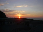 Sunset over beach and bunker