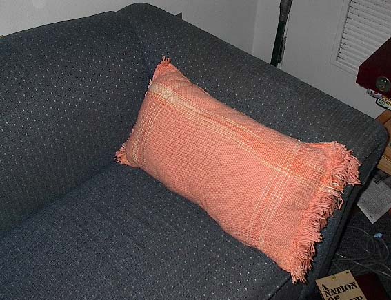 [Peach pillow on blue couch]